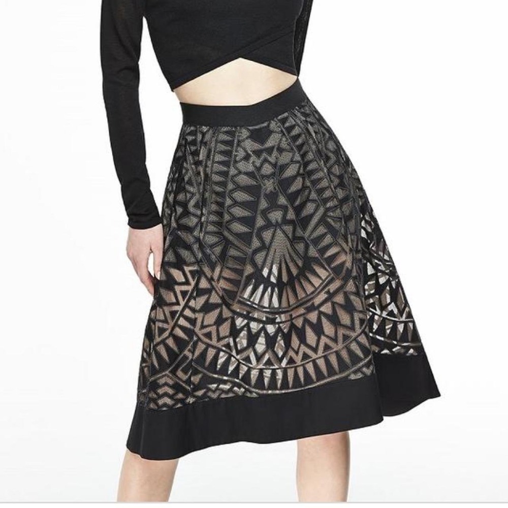 BCBGMAXAZRIA Black A-Line‎ Midi Skirt Geometric Pattern Full Lined XXS
